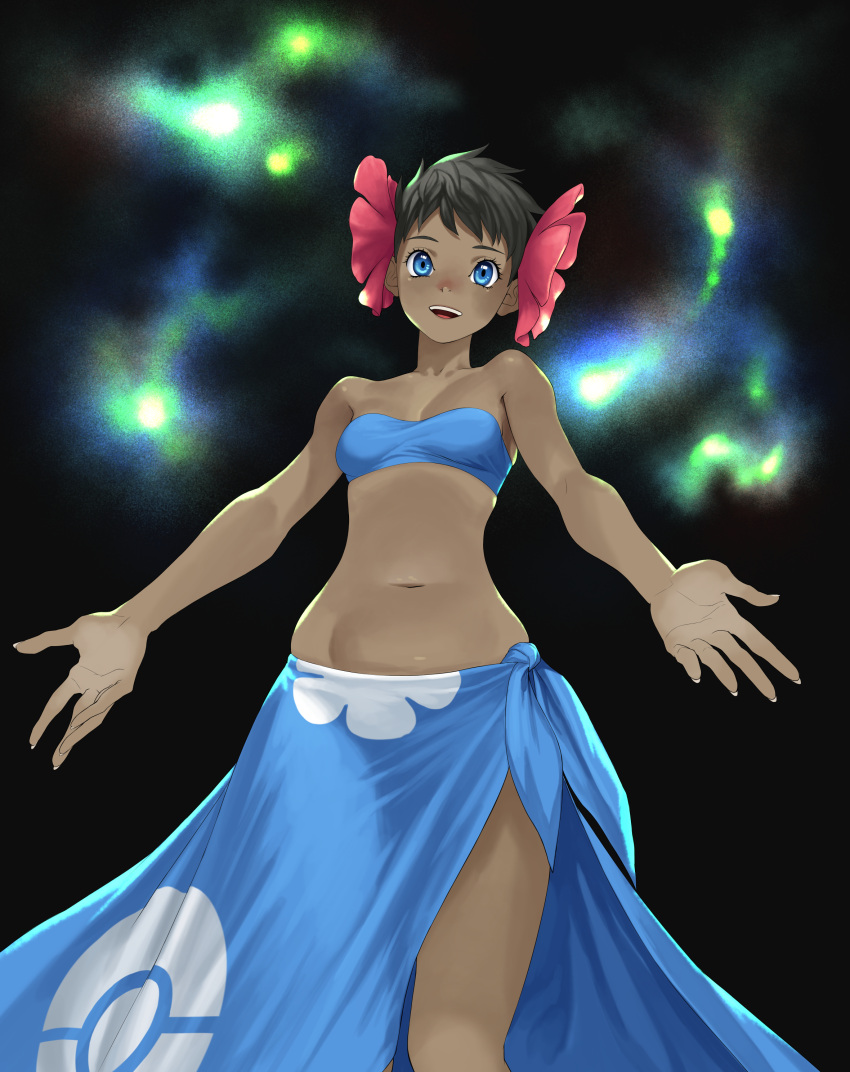 1girl absurdres bangs black_background black_hair blue_eyes blue_sarong blush breasts collarbone dark_skin elite_four energy flower fuyou_(pokemon) hair_flower hair_ornament happy highres navel nose_blush open_mouth outstretched_arm pin_flower poke_ball_symbol poke_ball_theme pokemon pokemon_(game) pokemon_rse sarong short_hair small_breasts smile solo standing stomach strapless teeth tubetop turiganesou800