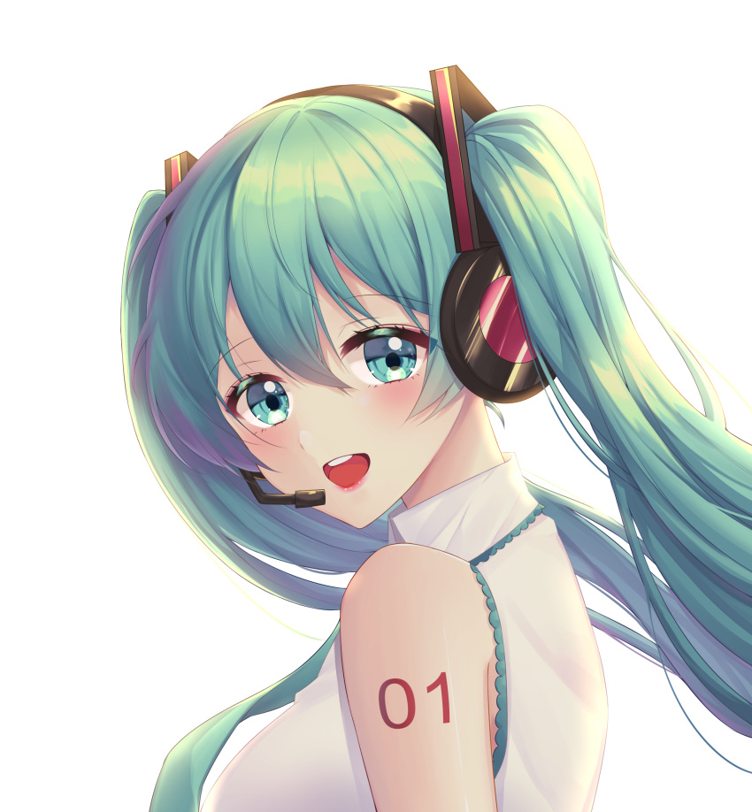 1girl :d absurdres black_hairband blue_eyes blue_hair blue_neckwear collared_shirt floating_hair from_side hair_between_eyes hairband hatsune_miku headset highres long_hair looking_at_viewer microphone minruk necktie open_mouth shiny shiny_hair shirt simple_background sleeveless sleeveless_shirt smile solo upper_body very_long_hair vocaloid white_background white_shirt wing_collar