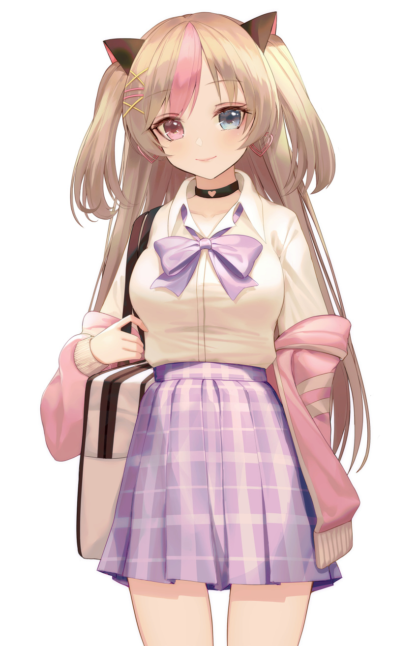 1girl absurdres bag blue_eyes bosumonki bow bowtie breasts brown_hair choker collared_shirt cowboy_shot duffel_bag earrings girls_frontline hair_ornament hairclip heterochromia high-waist_skirt highres jacket jewelry long_hair long_sleeves looking_at_viewer medium_breasts miniskirt mk23_(girls_frontline) multicolored_hair off_shoulder open_clothes open_jacket pink_eyes pink_hair pink_jacket plaid pleated_skirt purple_neckwear purple_skirt school_bag school_uniform shirt shirt_tucked_in simple_background skirt smile solo standing two-tone_hair two_side_up white_background white_shirt x_hair_ornament