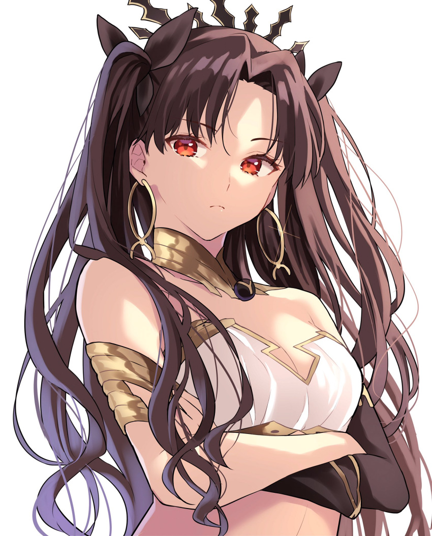 1girl bare_shoulders black_hair crossed_arms crown earrings elbow_gloves eyebrows_visible_through_hair fate/grand_order fate_(series) frown gloves hair_ribbon highres hoop_earrings ishtar_(fate/grand_order) jewelry lq_saku midriff red_eyes ribbon solo two_side_up white_background