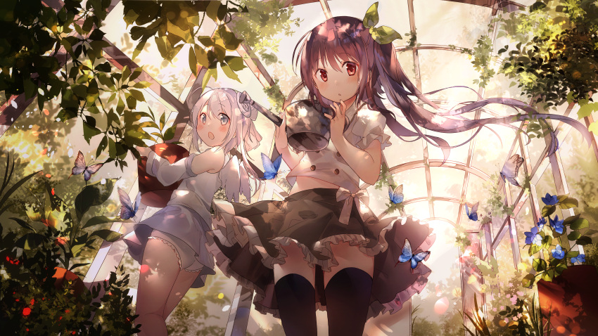 2girls amafuyu animal bangs bare_shoulders black_legwear black_skirt blue_flower blush brown_hair bug butterfly commentary day detached_sleeves english_commentary eyebrows_visible_through_hair floating_hair flower frilled_skirt frills green_ribbon greenhouse grey_eyes hair_between_eyes hair_ornament hair_ribbon hands_up highres holding holding_watering_can indoors insect long_hair long_sleeves looking_at_viewer multiple_girls open_mouth original panties parted_lips plant potted_plant puffy_short_sleeves puffy_sleeves purple_skirt red_eyes ribbon shirt short_sleeves silver_hair skirt sleeveless sleeveless_shirt standing sunlight thigh-highs underwear very_long_hair watering_can white_panties white_shirt white_sleeves