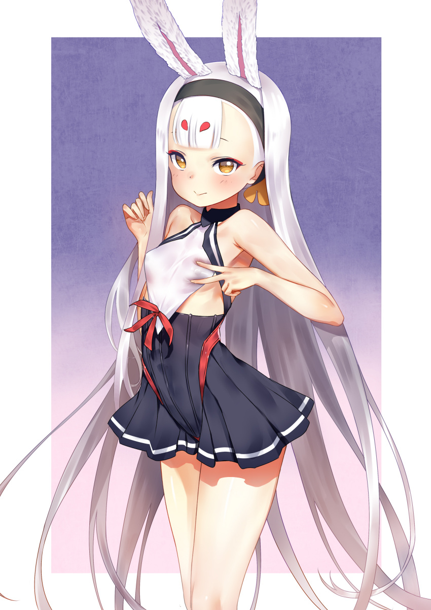 1girl absurdres animal_ears aqua_bow azur_lane bare_arms bare_shoulders bikini_bottom black_hairband bow breast_squeeze breasts covered_nipples dress eyeliner flower hair_flower hair_ornament hairband highres hikimayu makeup rabbit_ears red_bikini_bottom red_ribbon ribbon shimakaze_(azur_lane) short_dress simple_background small_breasts tabobox white_hair yellow_eyes