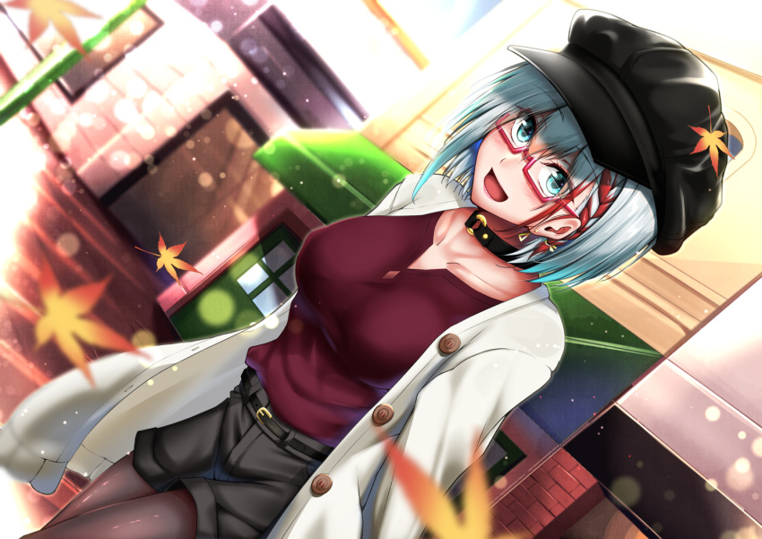 1girl :d admiral_graf_spee_(azur_lane) azur_lane bangs black_legwear black_shirt black_shorts blue_eyes blush braid breasts cabbie_hat casual collar collarbone commentary_request eyebrows_visible_through_hair glasses hair_between_eyes hat large_breasts leaning_forward looking_at_viewer multicolored_hair open_mouth outdoors pantyhose pon_(koteigainen) red-framed_eyewear redhead semi-rimless_eyewear shirt short_hair shorts side_braid silver_hair smile solo standing streaked_hair