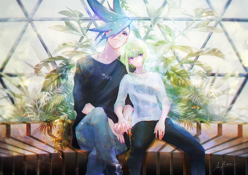 2boys blue_eyes blue_hair casual crossed_legs denim galo_thymos green_hair hands_clasped highres jeans jewelry lio_fotia male_focus multiple_boys necklace own_hands_together pants promare rei_snow_garden signature sitting spiky_hair violet_eyes