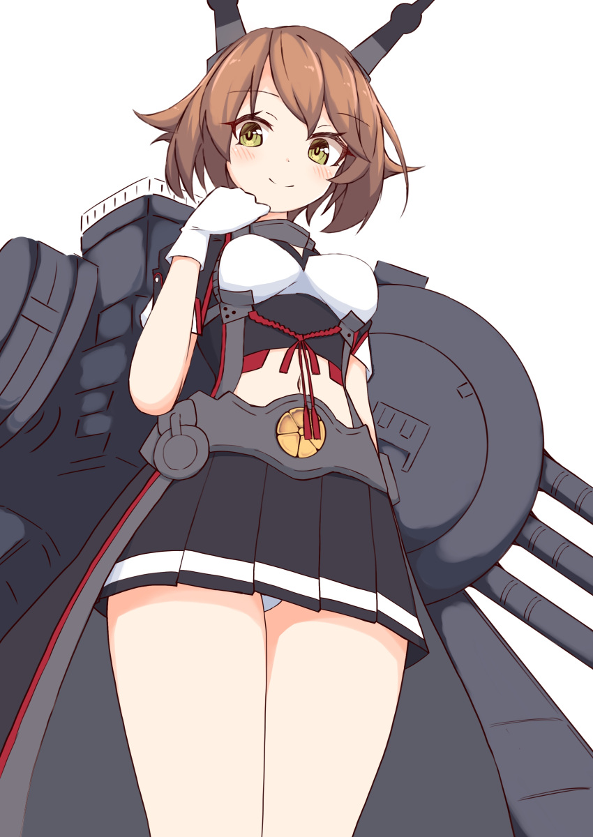 1girl absurdres bangs black_skirt blush breasts brown_hair cannon closed_mouth commentary_request eyebrows_visible_through_hair from_below gloves green_eyes hand_up headgear highres ichi kantai_collection machinery medium_breasts mutsu_(kantai_collection) navel panties pleated_skirt short_hair simple_background skirt smile solo thighs turret underwear white_background white_gloves white_panties