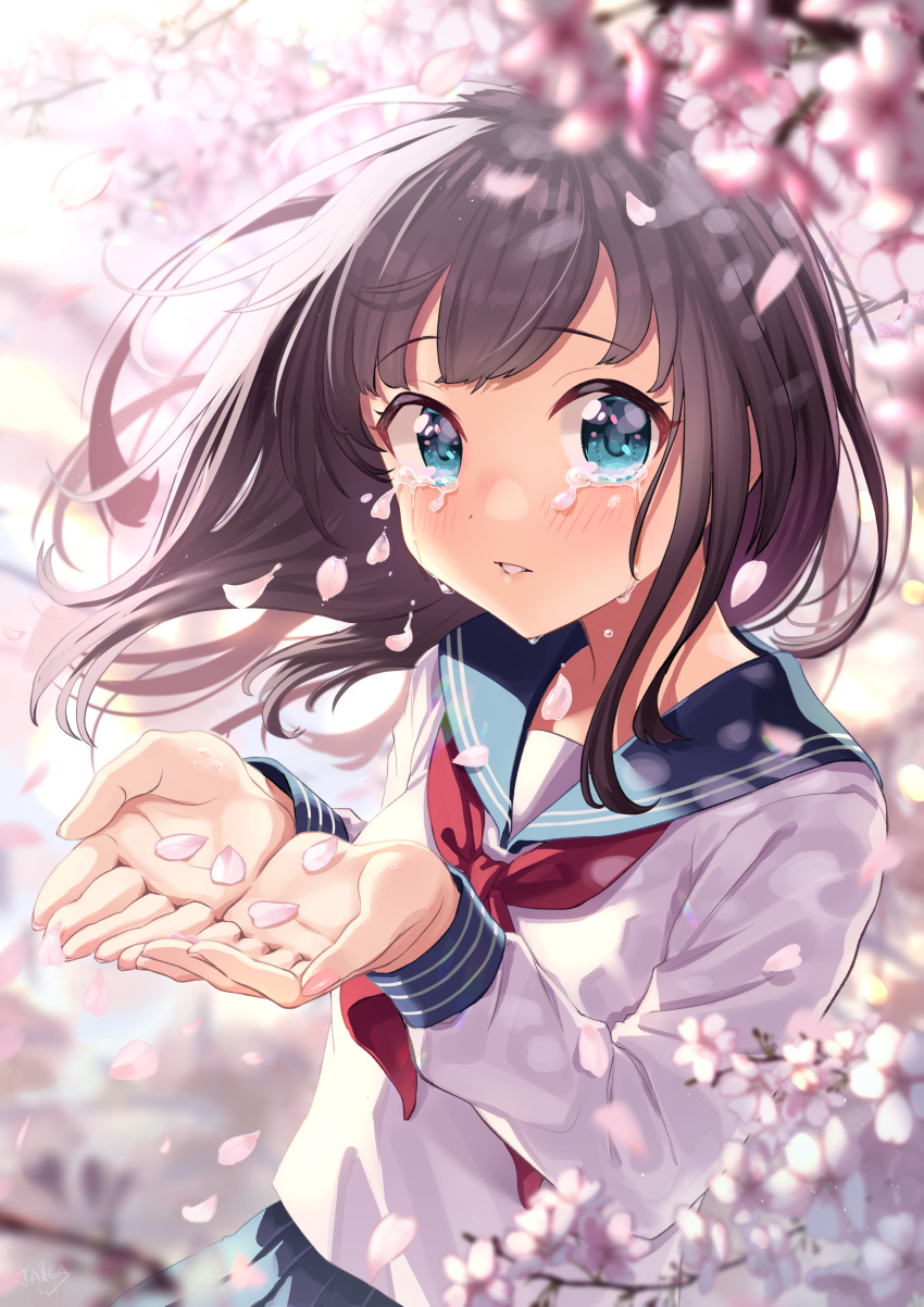 1girl absurdres bangs blue_eyes blue_skirt blurry blurry_background branch brown_hair cherry_blossoms crying crying_with_eyes_open day depth_of_field eyebrows_visible_through_hair hands_held_apart hands_together highres looking_at_viewer neckerchief open_mouth original outdoors petals pleated_skirt sad sailor_collar school_uniform shirt skirt taiga_(ryukyu-6102-8) tearing_up tears translation_request tree_branch uniform white_shirt