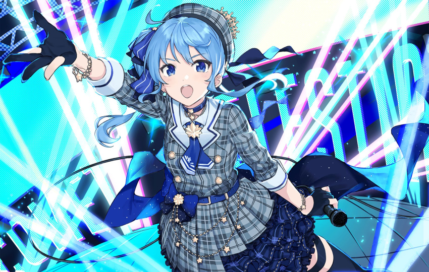 1girl bangs belt beret black_gloves blue_belt blue_eyes blue_hair blush commentary concept_art cowboy_shot crown dress fisheye gloves hand_up hat highres holding holding_microphone hololive hoshimachi_suisei idol idol_clothes looking_at_viewer medium_hair microphone mini_crown open_mouth partly_fingerless_gloves plaid plaid_dress round_teeth side_ponytail smile solo stage stage_lights suisei_channel teeth teshima_nari thigh-highs thigh_strap virtual_youtuber