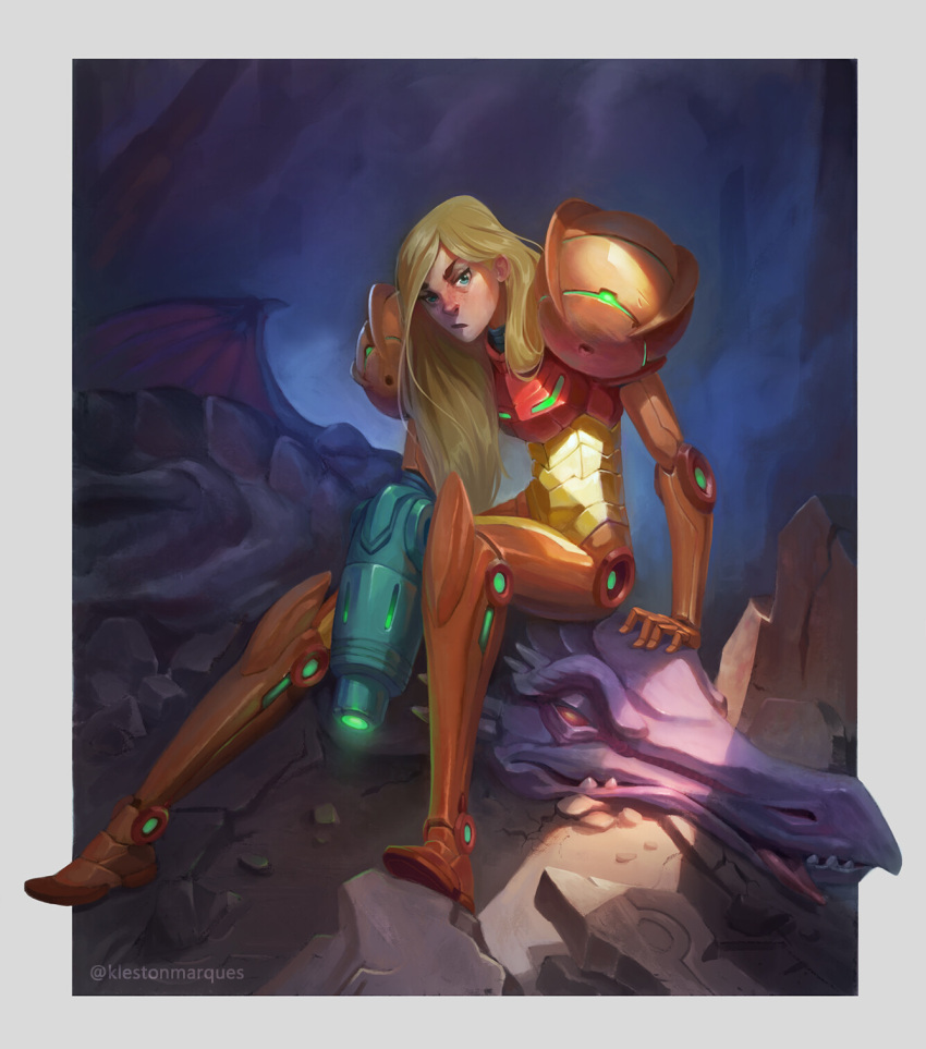 1girl 1other :/ after_battle alien arm_cannon arm_support blonde_hair blurry blurry_background border dark_background debris defeat dinosaur fangs green_eyes highres human kleston_marques koei_tecmo long_hair looking_at_viewer metroid monster nintendo nintendo_ead power_armor pterodactyl retro_studios ridley rock samus_aran sitting sitting_on_person tongue tongue_out varia_suit weapon wings