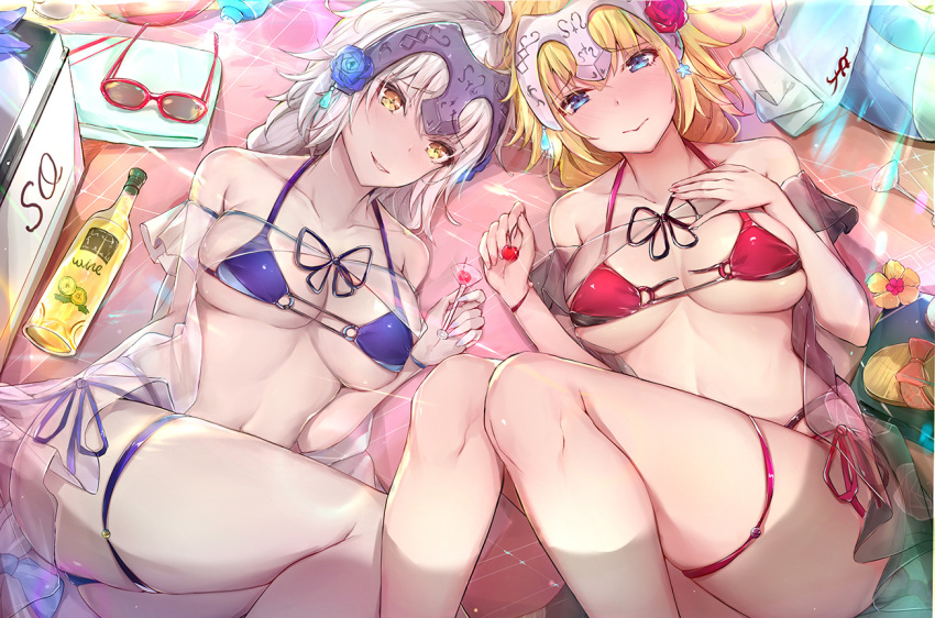 2girls alcohol bangs bare_shoulders beach_towel bikini blonde_hair blue_bikini blue_eyes blue_flower blue_rose blush bottle braid breasts breasts_apart cherry closed_mouth collarbone commentary_request cup day drinking_glass eyebrows_visible_through_hair fate/apocrypha fate/grand_order fate_(series) fingernails flower food fruit hair_between_eyes hair_flower hair_ornament hand_on_own_chest headpiece innertube jeanne_d'arc_(alter)_(fate) jeanne_d'arc_(fate) jeanne_d'arc_(fate)_(all) long_braid long_hair looking_at_viewer lying medium_breasts multi-strapped_bikini multiple_girls nail_polish open_mouth outdoors pale_skin pink_nails purple_nails red_bikini red_flower red_rose rose sandals sherryqq side-tie_bikini sidelocks single_braid smile strap_gap sunglasses swimsuit thigh_gap towel wine wine_bottle wine_glass yellow_eyes