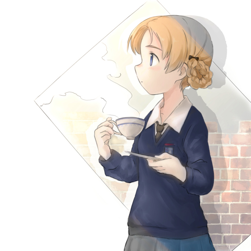 1girl absurdres bangs black_bow black_neckwear blue_eyes blue_skirt blue_sweater bow braid closed_mouth commentary cup dress_shirt emblem ennui_orz girls_und_panzer hair_bow highres holding holding_cup holding_saucer long_sleeves necktie orange_hair orange_pekoe parted_bangs pleated_skirt saucer school_uniform shadow shirt short_hair skirt solo st._gloriana's_(emblem) st._gloriana's_school_uniform standing steam sweater teacup tied_hair v-neck white_shirt wing_collar
