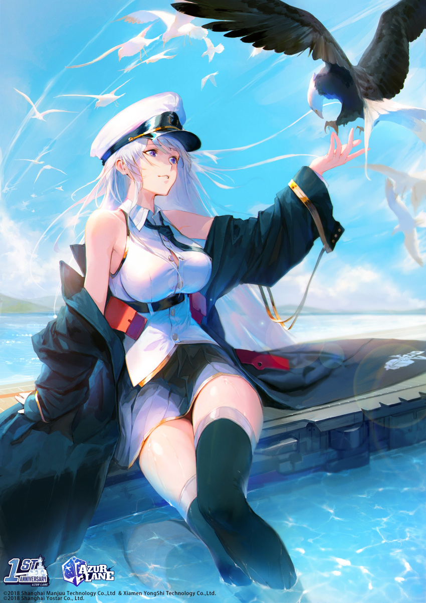 1girl absurdres anniversary azur_lane bird black_legwear blue_eyes blue_sky breasts commentary copyright_name day eagle enterprise_(azur_lane) hat highres large_breasts long_hair off_shoulder partially_submerged peaked_cap pleated_skirt reflective_water shogo_(shogo) sitting skirt sky soaking_feet thigh-highs white_hair zettai_ryouiki