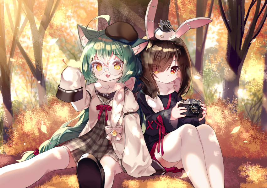 2girls :d ahoge akashi_(azur_lane) animal_ear_fluff animal_ears autumn_leaves azur_lane bangs beret black_footwear black_sailor_collar bow braid brown_dress brown_hair brown_headwear camera cat_ears closed_mouth commentary_request dress eyebrows_visible_through_hair eyes_visible_through_hair fang glasses green_hair hair_between_eyes hair_bow hair_over_one_eye hat highres holding holding_camera jacket juliet_sleeves leaf long_hair long_sleeves looking_at_viewer maple_leaf mechuragi multiple_girls on_head open_clothes open_jacket open_mouth plaid plaid_dress puffy_sleeves rabbit_ears red_bow red_eyes round_eyewear sailor_collar sailor_dress scarf shiranui_(azur_lane) shoe_soles shoes sitting sleeves_past_fingers sleeves_past_wrists smile thigh-highs tilted_headwear tree very_long_hair white_jacket white_legwear white_scarf wide_sleeves yellow_eyes