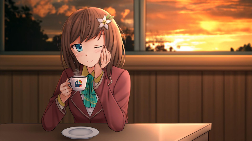 1girl bangs blue_eyes blush breasts brown_hair chin_rest closed_mouth clouds coffee cup elbow_rest flower green_neckwear hair_ornament hana_macchia highres holding holding_cup indoors jacket kazenokaze long_sleeves medium_hair nijisanji nijisanji_id one_eye_closed red_jacket saucer school_uniform shirt sitting sky smile smoke solo sunset teacup tree virtual_youtuber white_flower white_shirt window wooden_table