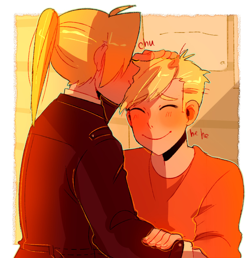 2boys :&gt; ^_^ alphonse_elric backlighting blonde_hair blush brothers brown_coat closed_eyes coat commentary edward_elric english_commentary eyebrows_visible_through_hair fingernails forehead_kiss from_behind fullmetal_alchemist furrowed_eyebrows giggling hair_over_one_eye hand_on_another's_arm hand_on_another's_head highres huyandere kiss long_sleeves male_focus multiple_boys orange_shirt outdoors ponytail profile shaded_face shirt siblings straight_hair sunlight upper_body