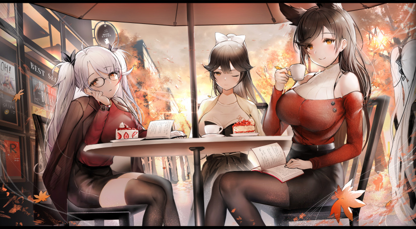 4girls absurdres animal_ears antenna_hair atago_(azur_lane) autumn autumn_leaves azur_lane bare_shoulders black_hair black_skirt blazer bow breasts brown_jacket brown_legwear cake chair cheek_rest closed_mouth commentary_request cup food formidable_(azur_lane) hair_bow hair_ribbon highres holding holding_cup jacket jacket_on_shoulders large_breasts leaf leaves_in_wind letterboxed long_hair long_sleeves looking_at_viewer maple_leaf multicolored_hair multiple_girls off-shoulder_shirt off_shoulder one_eye_closed orange_eyes outdoors pantyhose para3318 pencil_skirt plate ponytail prinz_eugen_(azur_lane) red_shirt ribbon road shirt shirt_tucked_in sign sitting skirt slice_of_cake smile streaked_hair street table takao_(azur_lane) thigh-highs tree two_side_up umbrella watch watch white_bow wing_collar zettai_ryouiki