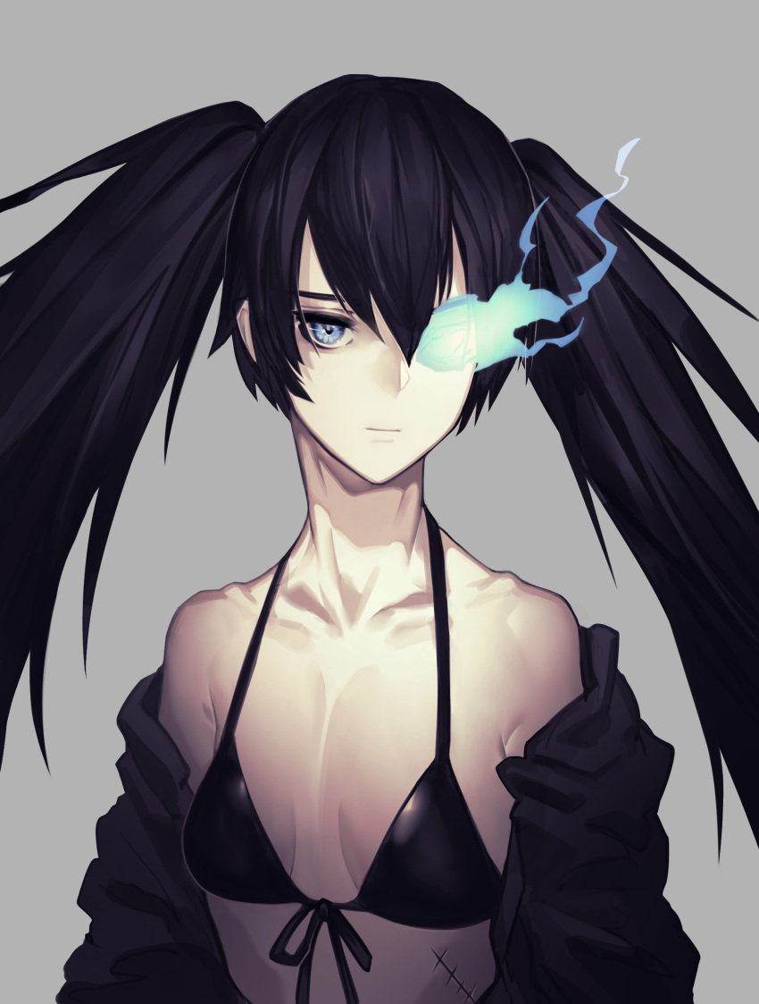 1girl bangs bikini bikini_under_clothes black_bikini black_hair black_jacket black_rock_shooter black_rock_shooter_(character) blue_eyes burning_eye closed_mouth collarbone commentary eyebrows_visible_through_hair fixro2n front-tie_bikini front-tie_top grey_background hair_between_eyes highres jacket long_hair looking_at_viewer off_shoulder open_clothes open_jacket pale_skin scar simple_background solo swimsuit twintails