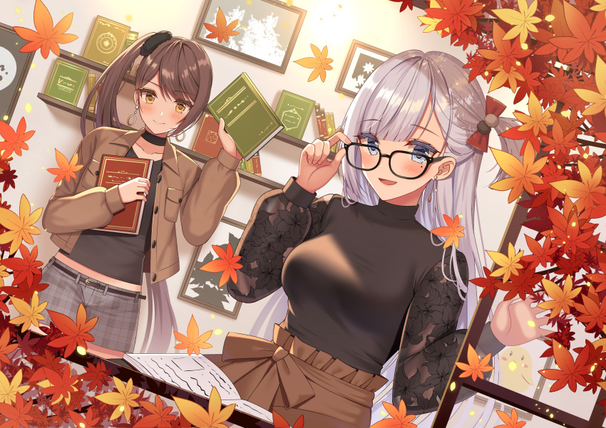 2girls :d absurdres adjusting_eyewear autumn_leaves azur_lane bangs black-framed_eyewear black_shirt blue_eyes blush book bow breasts brown_eyes brown_hair brown_jacket brown_skirt closed_mouth commentary_request earrings eyebrows_visible_through_hair glasses grey_shorts hair_between_eyes hair_bow hand_up high_ponytail highres holding holding_book huge_filesize izumo_neru jacket jewelry leaf long_hair long_sleeves maple_leaf medium_breasts mole mole_under_eye multiple_girls open_book open_clothes open_jacket open_mouth picture_frame plaid plaid_shorts puffy_long_sleeves puffy_sleeves red_bow shelf shirt short_shorts shorts shoukaku_(azur_lane) side_ponytail silver_hair sitting skirt smile very_long_hair zuikaku_(azur_lane)