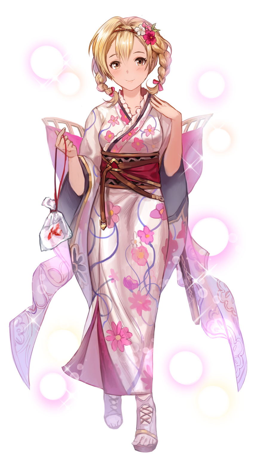 1girl bangs blonde_hair boba bow braid brown_eyes closed_mouth djeeta_(granblue_fantasy) floral_print flower frilled_kimono frills full_body granblue_fantasy hair_bow hair_flower hair_ornament highres japanese_clothes kimono looking_at_viewer medium_hair print_kimono red_bow red_flower simple_background smile solo standing twin_braids white_background white_flower white_kimono yukata