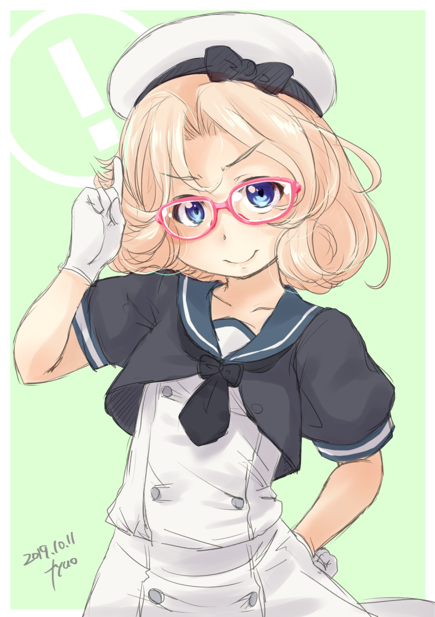 ! artist_name bangs bespectacled black_neckwear blonde_hair blue_eyes blue_sailor_collar c: cowboy_shot dated dress fyuo glasses gloves green_background hat highres janus_(kantai_collection) kantai_collection looking_at_viewer parted_bangs red-framed_eyewear sailor_collar sailor_dress sailor_hat short_hair short_sleeves simple_background standing tongue tongue_out white_dress white_gloves white_headwear