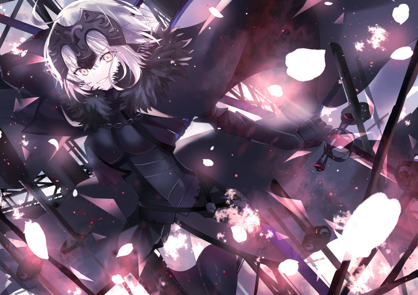 1girl absurdres aoi_yugina armor armored_dress black_dress black_legwear dress dutch_angle fate/grand_order fate_(series) floating_hair gauntlets grin highres holding holding_sword holding_weapon jeanne_d'arc_(alter)_(fate) jeanne_d'arc_(fate)_(all) looking_at_viewer short_hair silver_hair smile solo standing sword thigh-highs weapon yellow_eyes