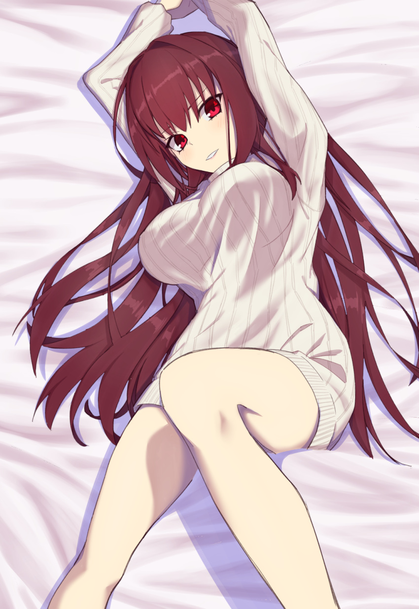 1girl arms_up bangs bare_legs blush breasts commentary_request elfenlied22 fate/grand_order fate_(series) highres large_breasts long_hair looking_at_viewer lying on_back purple_hair red_eyes scathach_(fate)_(all) scathach_(fate/grand_order) smile solo sweater very_long_hair white_sweater