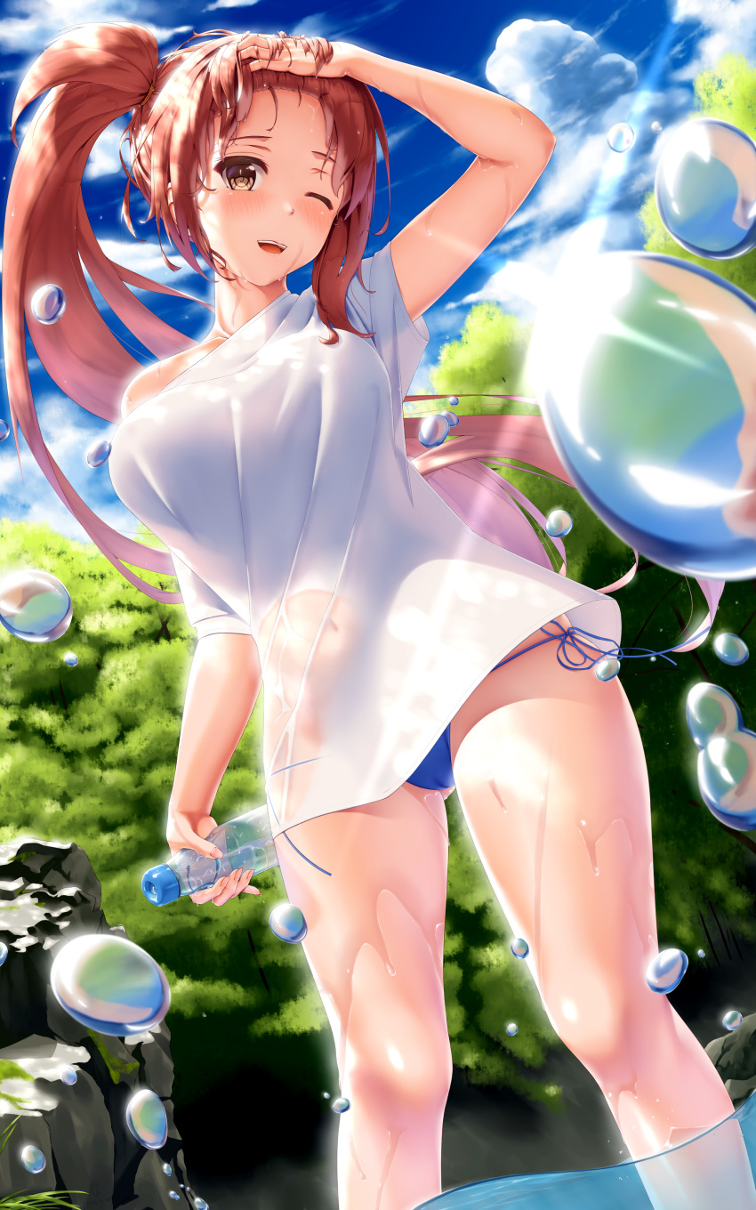 1girl ;d absurdres arm_up bikini blue_bikini_bottom blue_sky blush bottle brown_hair clouds collarbone commentary_request covered_navel day diffraction_spikes dutch_angle feet_out_of_frame fingernails highres holding holding_bottle jiangjin_nanyun_zhi_(kumita) long_hair looking_at_viewer nail_polish off_shoulder one_eye_closed open_mouth original outdoors pink_nails ramune rock see-through shiny shiny_skin shirt short_sleeves side-tie_bikini side_ponytail skindentation sky smile solo summer sweat swimsuit thighs very_long_hair wading water water_drop wet wet_clothes white_shirt wind