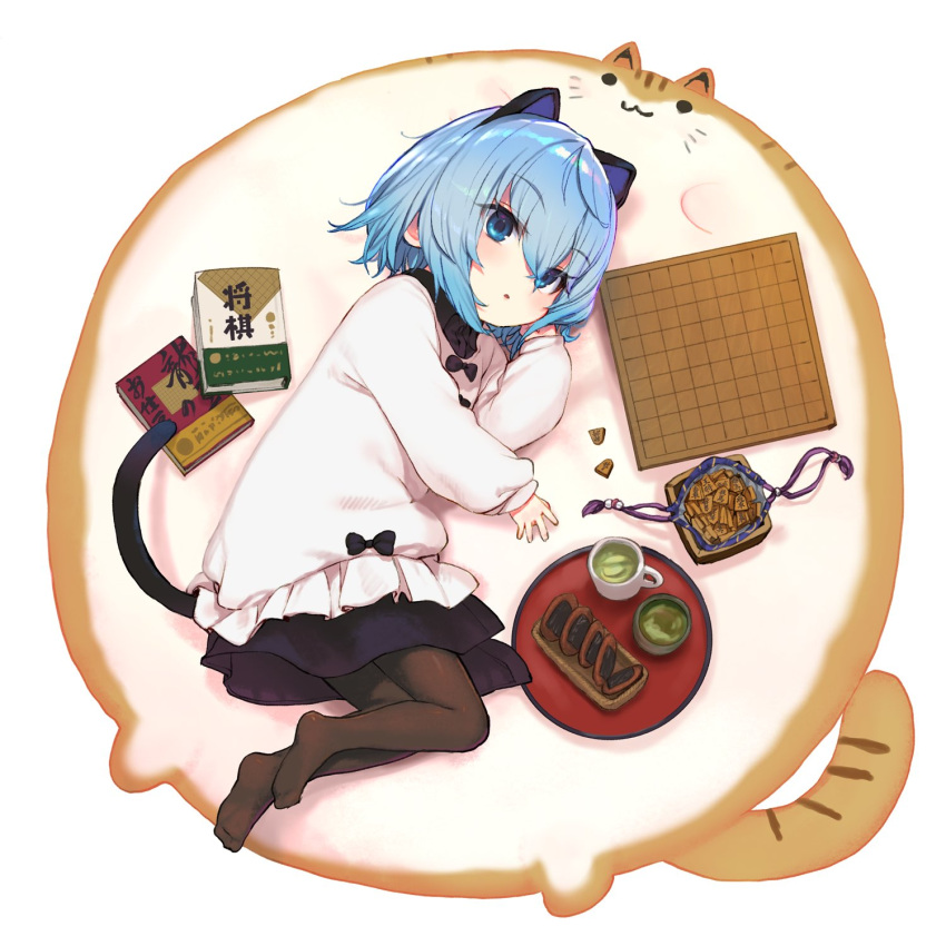 1girl animal_ears bangs black_bow black_shirt black_skirt blue_eyes blue_hair board_game book bow brown_legwear cat_ears cat_girl cat_tail collared_shirt commentary_request cup dress_shirt eyebrows_visible_through_hair from_above full_body hair_between_eyes hand_up highres long_sleeves looking_at_viewer lying mug no_shoes on_side pantyhose parted_lips puffy_long_sleeves puffy_sleeves rug ryuuou_no_oshigoto! senbei shirabi shirt shougi shougi_piece skirt sleeves_past_wrists solo sora_ginko tail translation_request tray white_background white_shirt younger yunomi