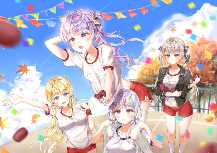 4girls :o ahoge alternate_costume arm_up azur_lane ball_toss black_jacket blonde_hair blue_eyes blue_sky blurry blurry_foreground blush buruma carrying clouds commentary_request confetti day depth_of_field foreshortening formidable_(azur_lane) grey_hair gym_uniform hair_bun hair_ornament illustrious_(azur_lane) jacket leaf light_particles long_hair looking_at_another looking_at_viewer looking_to_the_side looking_up maple_leaf multiple_girls open_clothes open_jacket open_mouth outdoors piggyback purple_hair qlakwnd red_eyes red_shorts shirt shirt_basket short_sleeves shorts silver_hair sky smile socks sports_festival streamers t-shirt thigh-highs track_jacket two_side_up unicorn_(azur_lane) very_long_hair victorious_(azur_lane) violet_eyes white_legwear white_shirt x_hair_ornament