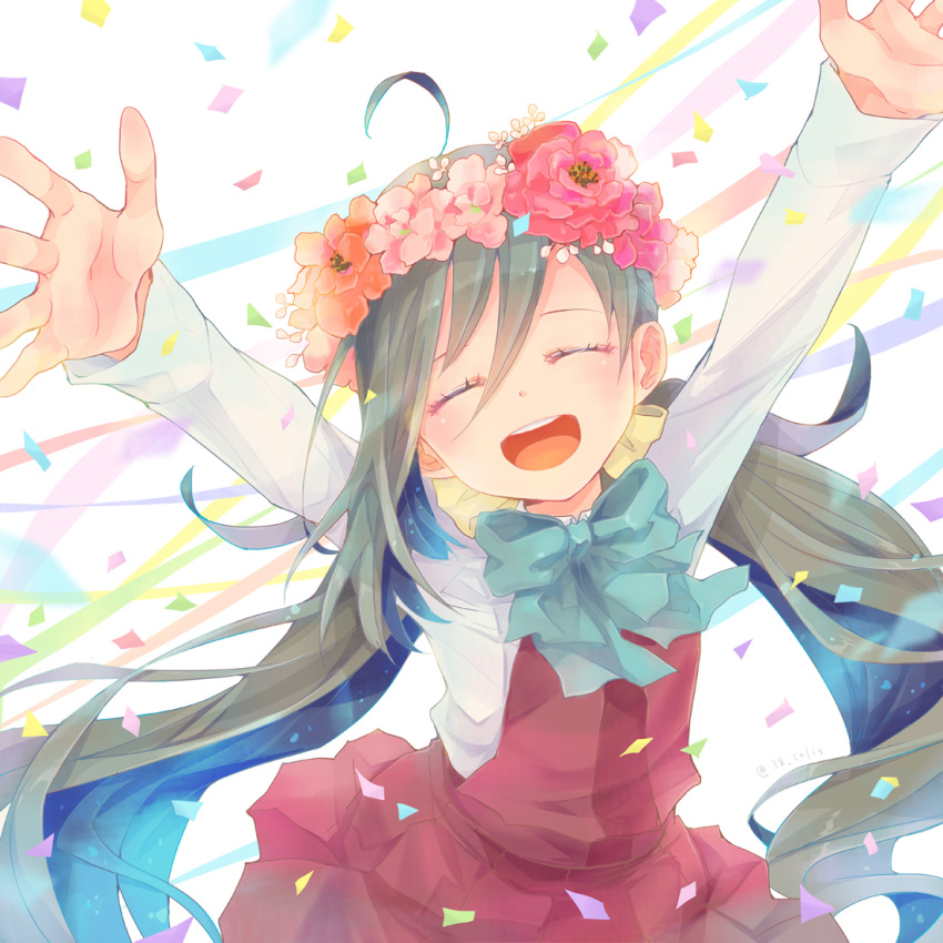 1girl ahoge blue_bow blush bow bowtie closed_eyes colis confetti facing_viewer flower grey_hair hair_between_eyes hair_bun halterneck head_wreath kantai_collection kiyoshimo_(kantai_collection) long_hair long_sleeves low_twintails open_mouth outstretched_arms red_flower round_teeth school_uniform shirt smile solo teeth twintails upper_teeth very_long_hair white_background white_shirt
