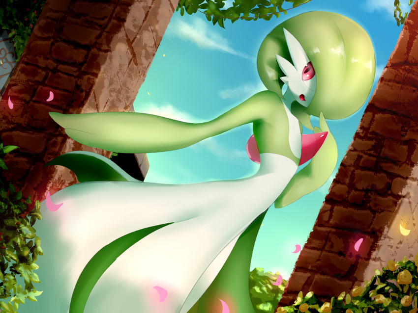 1girl bangs blue_sky bush clouds day dutch_angle english_commentary flower gardevoir gen_3_pokemon green_hair green_skin hair_over_one_eye hand_up happy highres looking_to_the_side no_humans open_mouth outdoors outstretched_arm petals pillar pokemon pokemon_(creature) red_eyes sana!rpg shiny shiny_hair short_hair sky smile solo standing two-tone_skin white_skin yellow_flower