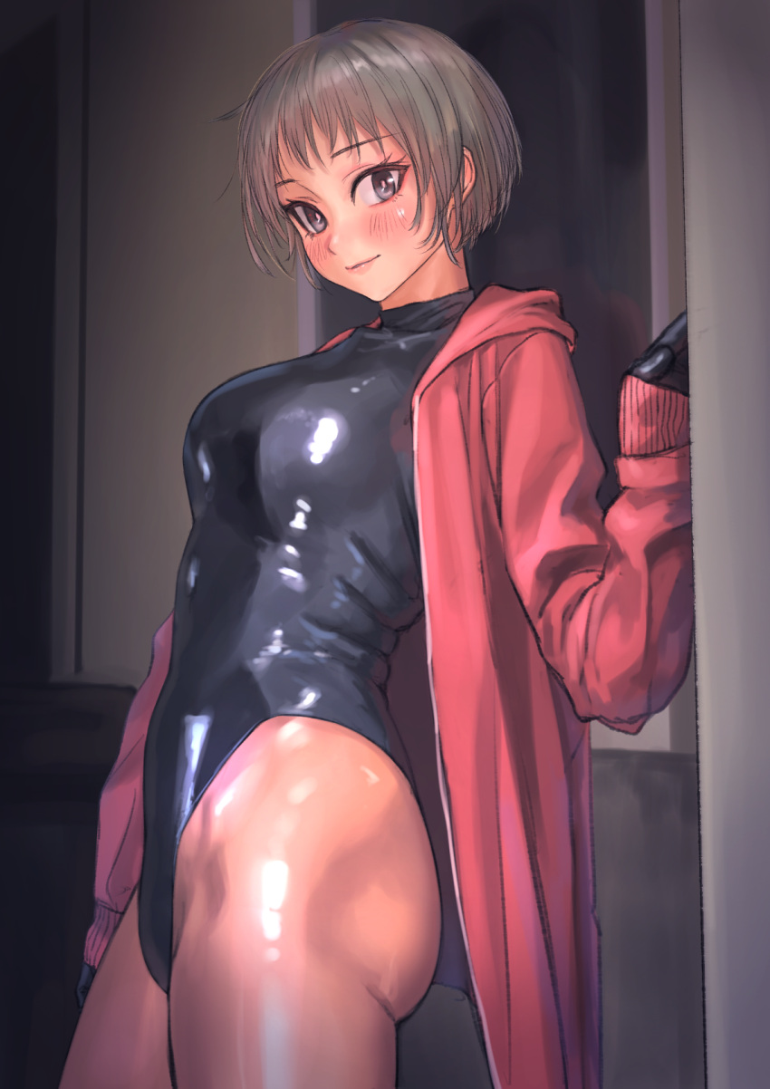 1girl black_leotard blush brown_eyes brown_hair closed_mouth head_tilt highleg highleg_leotard highres hood hoodie indoors jacket kilye_4421 latex leotard looking_at_viewer open_clothes open_jacket original red_jacket smile solo standing