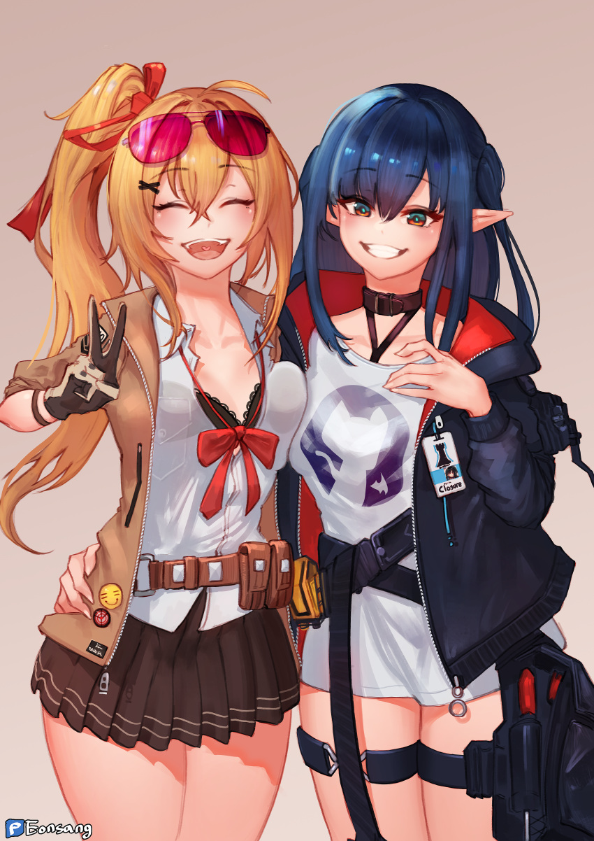 2girls ^_^ ^o^ absurdres arknights badge bangs belt black_bra blonde_hair blue_hair bow bowtie bra breast_press breasts button_badge closed_eyes closure_(arknights) collar eonsang eyebrows_visible_through_hair eyewear_on_head girls_frontline gloves grey_background grin hair_between_eyes hair_ornament hair_ribbon hairclip hand_on_another's_hip highres huge_filesize jacket kalina_(girls_frontline) long_hair looking_at_viewer multiple_girls name_tag orange_eyes pleated_skirt pointy_ears pouch ribbon side_ponytail simple_background skirt sleeves_rolled_up smile smiley_face sunglasses symmetrical_docking teeth thigh_gap thigh_strap twintails underwear v