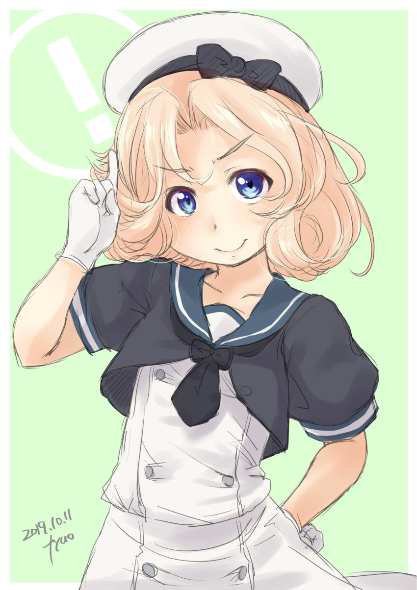 ! artist_name bangs black_neckwear blonde_hair blue_eyes blue_sailor_collar c: cowboy_shot dated dress fyuo gloves green_background hat highres janus_(kantai_collection) kantai_collection looking_at_viewer parted_bangs sailor_collar sailor_dress sailor_hat short_hair short_sleeves simple_background standing tongue tongue_out white_dress white_gloves white_headwear