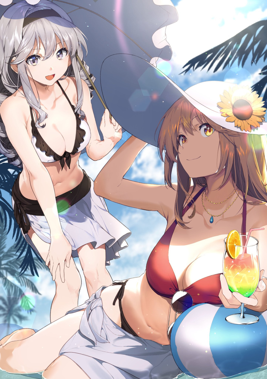 +_+ 2girls alternate_costume astral_buddy beach bikini blonde_hair breasts drill_hair drink eyewear_removed flower food fruit grey_hair hair_between_eyes hat highres hokaze_junko jewelry lens_flare long_hair lying medium_breasts multiple_girls necklace orange orange_slice palm_tree parasol red_bikini_top shaded_face shokuhou_misaki sunflower sunglasses sunlight swimsuit to_aru_kagaku_no_railgun to_aru_majutsu_no_index tree umbrella yellow_eyes