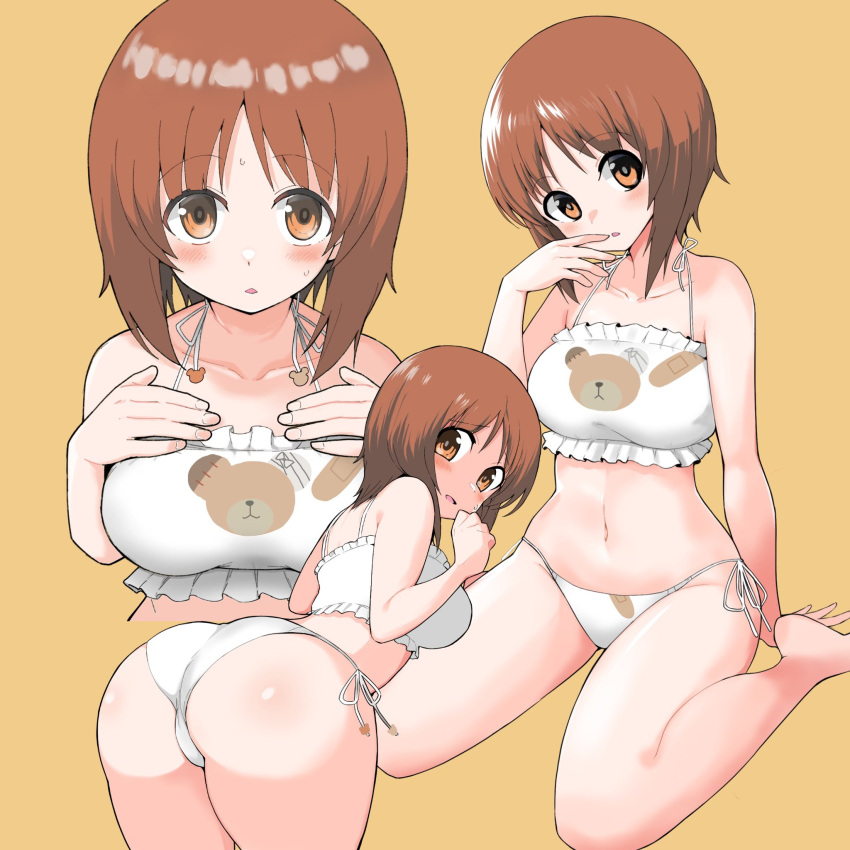 1girl ass barefoot bent_over boko_(girls_und_panzer) bra breasts brown_eyes brown_hair cat_lingerie eyebrows_visible_through_hair frilled_bra frills full_body girls_und_panzer groin highres looking_at_viewer looking_back medium_breasts meme_attire multiple_views navel nishizumi_miho open_mouth panties print_bra shiny shiny_hair short_hair side-tie_panties simple_background solo underwear underwear_only white_bra white_panties yabai_gorilla yellow_background