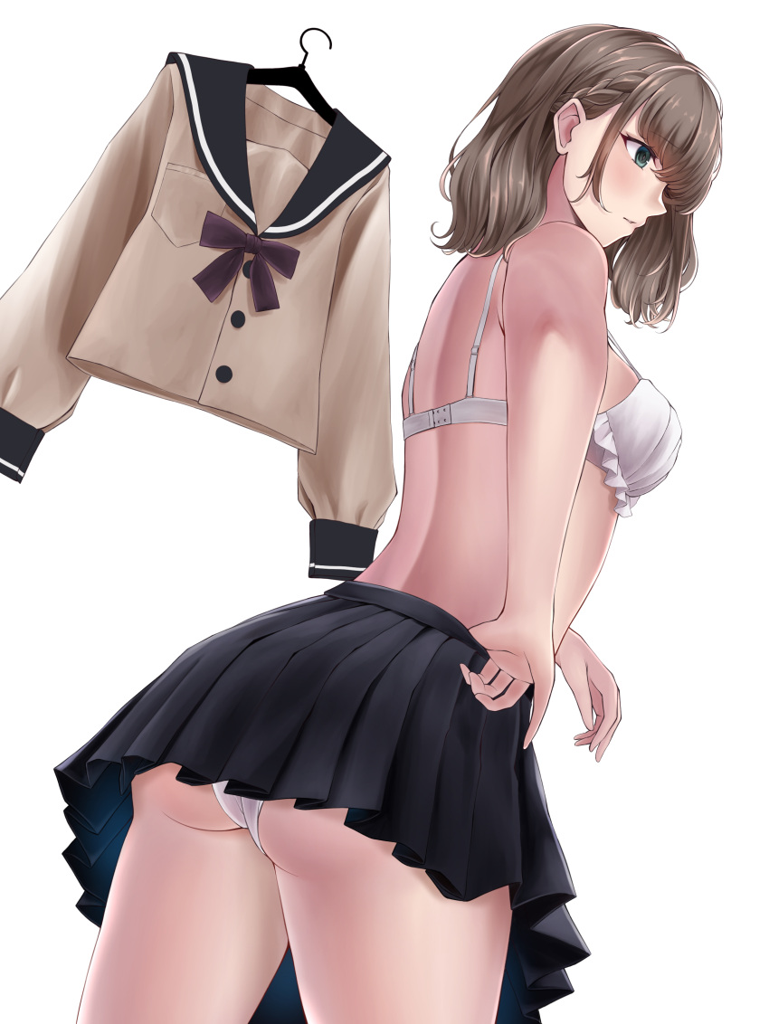 1girl absurdres ass back bangs bra braid breasts brown_hair clothes_hanger cowboy_shot dutch_angle eyebrows_visible_through_hair frilled_bra frills from_behind green_eyes highres looking_away no_shirt numaguro_(tomokun0808) original panties parted_lips pleated_skirt profile sailor_collar school_uniform serafuku sidelocks simple_background skirt small_breasts solo standing twisted_torso underwear undressing white_panties