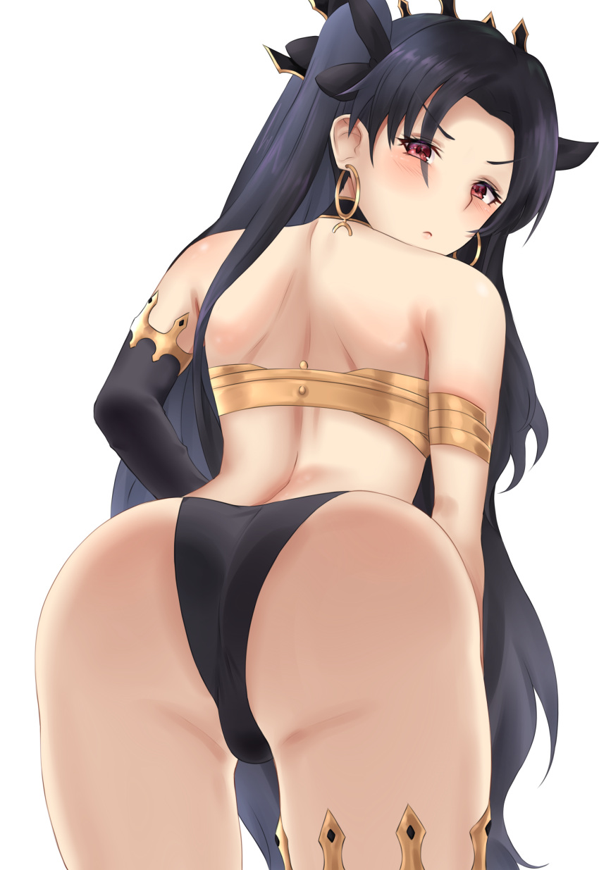 1girl absurdres ass back bare_shoulders black_hair black_panties black_ribbon crimecrime earrings fate/grand_order fate_(series) hair_ribbon highres ishtar_(fate/grand_order) jewelry long_hair looking_at_viewer panties red_eyes ribbon shiny shiny_skin simple_background solo twintails underwear white_background