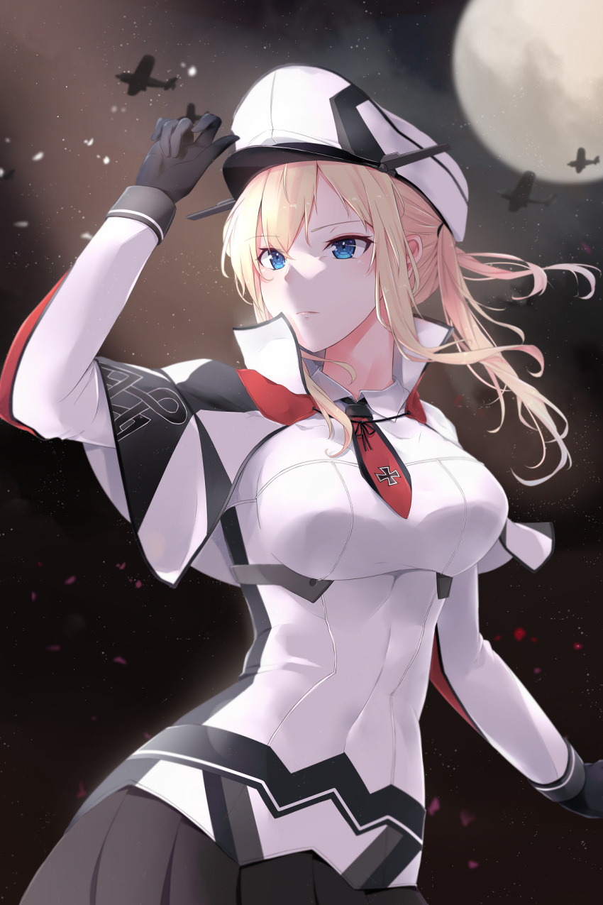 1girl aircraft black_gloves blonde_hair blue_eyes blush breasts capelet commentary_request cross eyebrows_visible_through_hair full_moon gloves graf_zeppelin_(kantai_collection) hair_between_eyes hat highres impossible_clothes jacket jenson_tw kantai_collection large_breasts long_hair military military_hat military_uniform moon moonlight necktie night night_sky outdoors peaked_cap revision sidelocks sky solo star_(sky) tsurime twintails uniform
