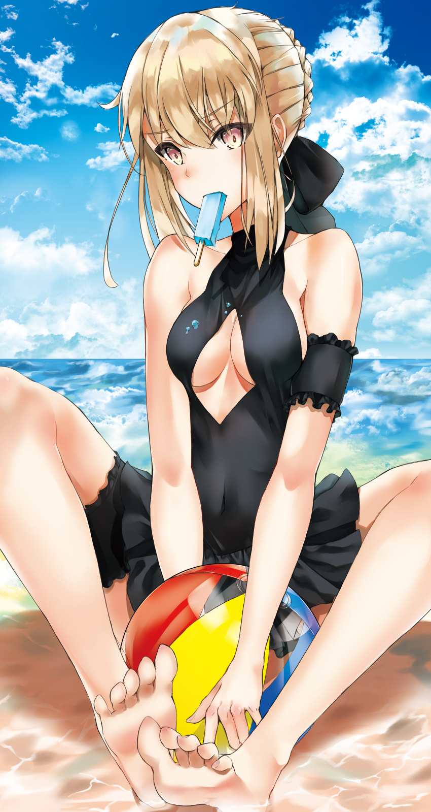 absurdres artoria_pendragon_(all) artoria_pendragon_(swimsuit_rider_alter) ball bangs bare_arms bare_shoulders barefoot beachball black_swimsuit braid breasts cleavage_cutout clouds commentary_request day eyebrows_visible_through_hair fate/grand_order fate_(series) hair_ribbon highres in_mouth kxc7357 looking_at_viewer medium_breasts ocean outdoors ribbon solo swimsuit yellow_eyes