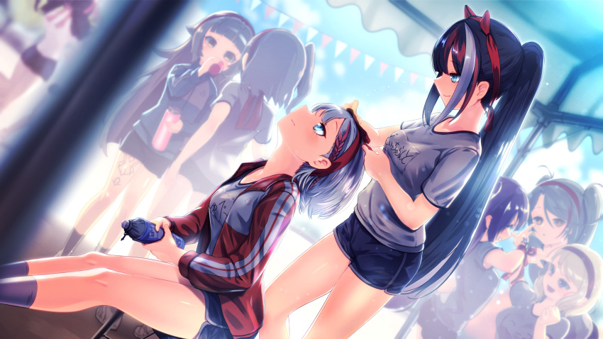 6+girls adjusting_headwear admiral_graf_spee_(azur_lane) alternate_costume alternate_hairstyle arched_back azur_lane black_hair blue_eyes blue_sky blurry blush braid character_request clothes_writing contemporary cowboy_shot day depth_of_field deutschland_(azur_lane) dutch_angle from_side grin gym_shirt gym_shorts gym_uniform hairband height_difference highres jacket light_particles long_hair looking_at_another multicolored_hair multiple_girls one_side_up outdoors pants ponytail prinz_eugen_(azur_lane) red_hairband redhead seigetsu_kotaku shirt shoes shorts side_braid side_ponytail sidelocks silver_hair sitting sky smile sneakers standing streaked_hair tagme track_jacket track_pants twintails u-47_(azur_lane) very_long_hair white_hair z1_leberecht_maass_(azur_lane) z23_(azur_lane) z46_(azur_lane)