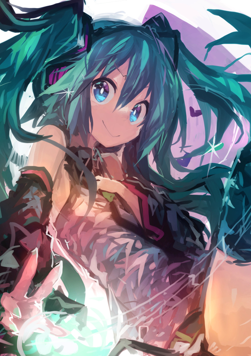 1girl absurdres aqua_hair aqua_nails bare_shoulders black_legwear black_skirt black_sleeves blue_eyes commentary detached_sleeves hair_ornament hand_on_own_chest hatsune_miku headphones heart highres kaamin_(mariarose753) long_hair looking_at_viewer looking_to_the_side nail_polish shirt sitting skirt sleeveless sleeveless_shirt smile solo sparkle thigh-highs twintails very_long_hair vocaloid