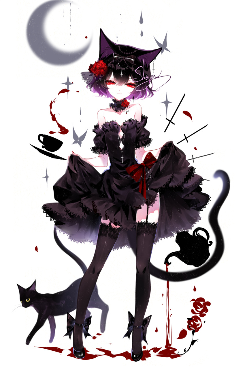 1girl animal_ears bangs black_dress black_hair black_legwear cat cat_ears cat_tail crescent_moon cup detached_collar dress dress_lift flower full_body garter_straps hair_between_eyes hair_flower hair_ornament highres lifted_by_self looking_at_viewer moon original red_eyes rose sheya short_hair signature solo standing strapless strapless_dress tail teacup teapot thigh-highs white_background