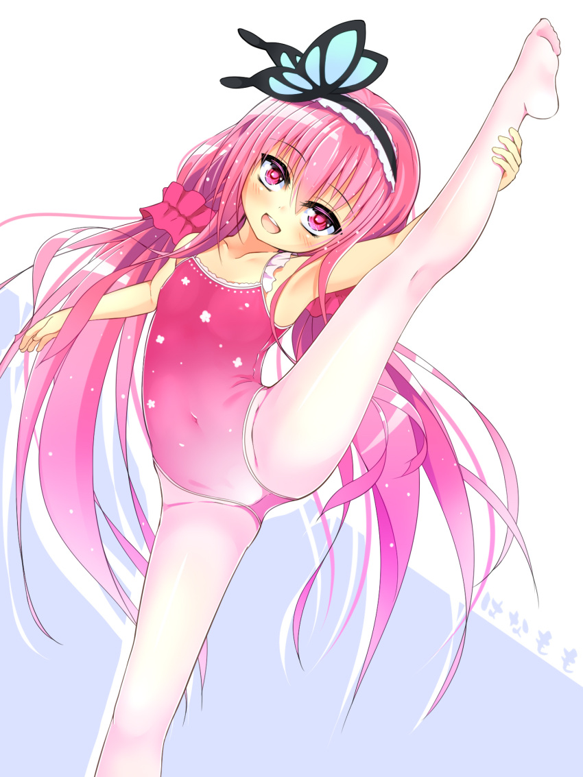 1girl arm_up armpits ballet_leotard butterfly_hair_ornament covered_navel flower_knight_girl hair_ornament hairband hanamomo_(flower_knight_girl) highres kneepits leg_up legs leotard long_hair low_twintails open_mouth pantyhose pink_eyes pink_hair pink_leotard smile solo split spread_legs standing standing_on_one_leg standing_split thighs twintails very_long_hair whether white_legwear