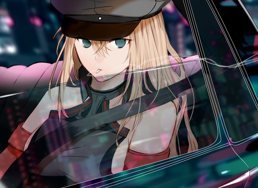 1girl bismarck_(kantai_collection) blonde_hair blue_eyes breastplate cat cigarette close-up commentary_request detached_sleeves hat kantai_collection looking_to_the_side military_hat mouth_hold okayu_(papiko1111) peaked_cap reflection seatbelt sitting smoking solo upper_body