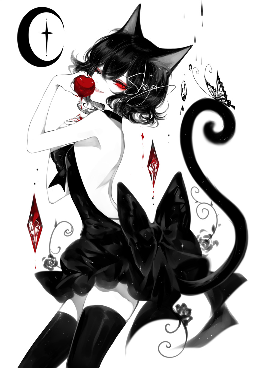 1girl animal_ears apple artist_name backless_dress backless_outfit bare_arms bare_back bare_shoulders black_choker black_dress black_hair black_legwear breasts bug butterfly cat_ears cat_tail choker cowboy_shot dress food fruit hand_on_own_chest hands_up highres holding holding_food holding_fruit insect limited_palette original red_eyes sheya short_dress signature simple_background small_breasts solo spot_color standing strapless strapless_dress tail thigh-highs thighs white_background zettai_ryouiki
