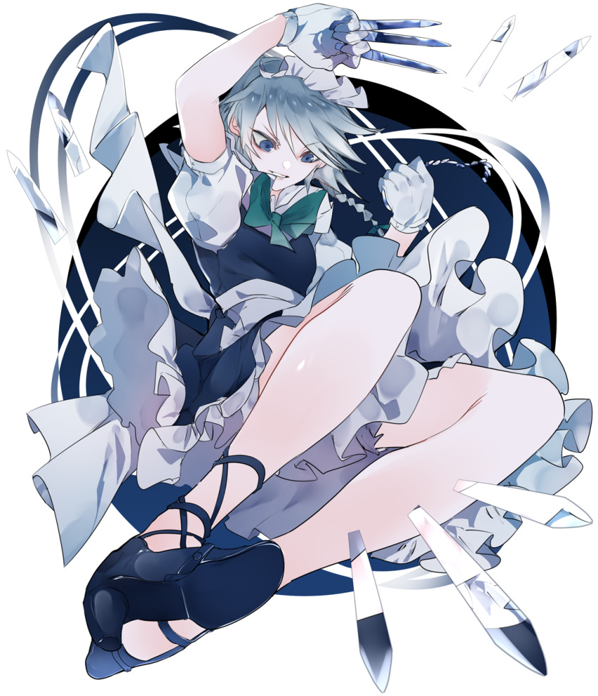 1girl apron arm_up black_footwear blue_dress blue_eyes bow bowtie braid clenched_teeth commentary cross-laced_footwear dress gloves green_bow green_neckwear hair_bow hand_up high_heels highres holding holding_knife holding_weapon ikurauni izayoi_sakuya knife knives_between_fingers looking_at_viewer maid maid_apron maid_headdress petticoat puffy_short_sleeves puffy_sleeves shirt short_dress short_hair short_sleeves silver_hair solo teeth touhou twin_braids waist_apron weapon white_apron white_background white_gloves white_shirt
