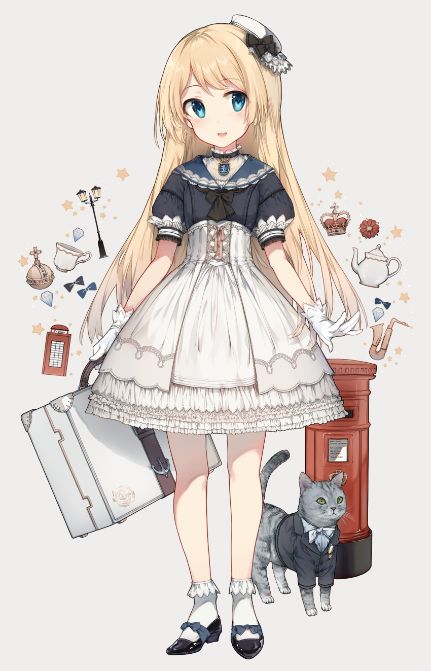 1girl adapted_costume black_footwear blonde_hair blue_eyes blue_sailor_collar cat crown dress full_body gem globus_cruciger gloves grey_background hat highres instrument jervis_(kantai_collection) kantai_collection long_hair malachite mary_janes phone_booth sailor_collar sailor_dress sailor_hat saxophone shoes short_sleeves simple_background socks solo standing teapot white_dress white_gloves white_headwear white_legwear
