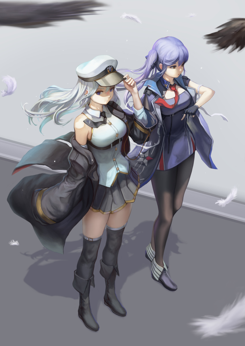 2girls absurdres ankle_boots azur_lane bangs bare_shoulders bird black_legwear black_neckwear black_ribbon blue_hair blush boots braid breasts brown_eyes cloak coat dori_(pixiv_36360503) dress enterprise_(azur_lane) essex_(azur_lane) eyebrows_visible_through_hair feathers floating_hair french_braid full_body gloves hair_ribbon hand_up hat highres large_breasts long_hair looking_at_viewer multiple_girls necktie off_shoulder pantyhose partly_fingerless_gloves peaked_cap pleated_skirt red_neckwear revision ribbon shirt silver_hair skirt sleeveless sleeveless_shirt smile thigh-highs twintails very_long_hair violet_eyes wind