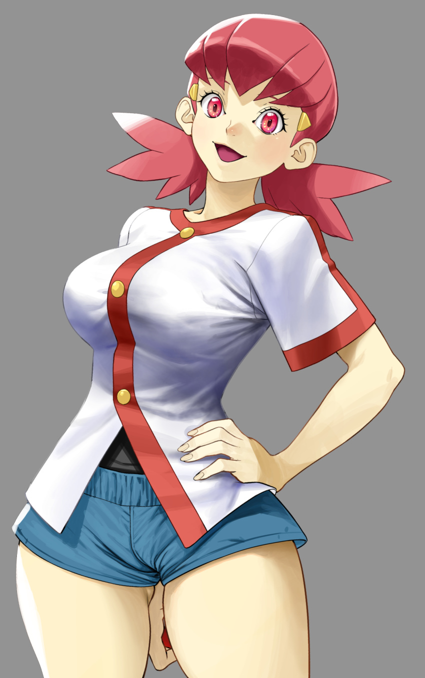1girl absurdres akane_(pokemon) arm_behind_back bangs blue_shorts blush breasts cowboy_shot grey_background gym_leader hair_ornament hairclip hand_on_hip happy highres holding holding_poke_ball large_breasts light_blush looking_at_viewer open_mouth pink_eyes pink_hair poke_ball poke_ball_(generic) pokemon pokemon_(game) pokemon_hgss shiny shiny_hair shirt short_hair short_shorts shorts shot_sleeves simple_background smile solo standing tied_hair turiganesou800 twintails undershirt white_shirt