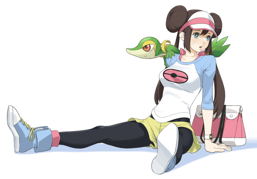 1girl absurdres arm_support back_bow bag bangs black_legwear blue_eyes blue_footwear blue_sleeves bow breasts brown_eyes brown_hair closed_mouth collarbone double_bun full_body gen_5_pokemon highres long_hair medium_breasts mei_(pokemon) open_mouth pantyhose pink_bow pink_headwear pink_legwear poke_ball_symbol poke_ball_theme pokemon pokemon_(creature) raglan_sleeves shirt shoes short_shorts shorts simple_background sitting snivy solo_focus spread_legs teeth tied_hair turiganesou800 twintails visor_cap watch watch white_background white_shirt yellow_shorts